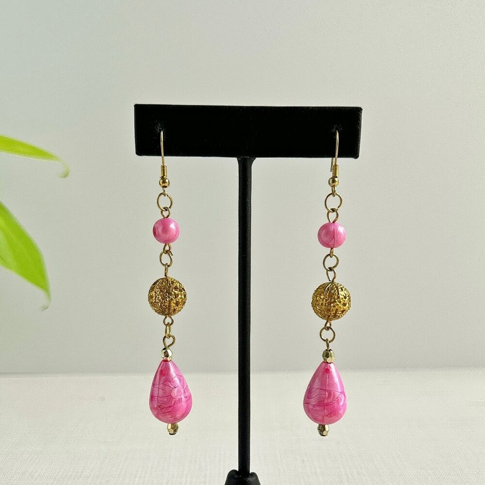 Pink & Gold Dangle Earrings With Teardrop & Round Beads with Hook Backs